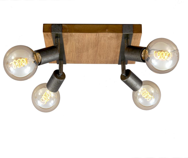 Briloner leuchten wood basic - plafondlamp vierkant - spots draaibaar - 4xe27 max. 25w - materiaal: hout en metaal - kleur: zwart en metaal grijs