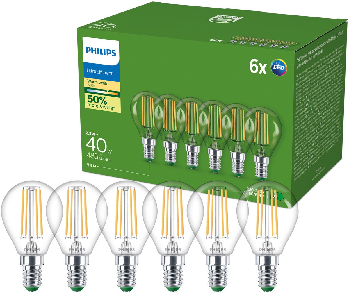 Philips filamentkogellamp helder 40w p45 e14 x6