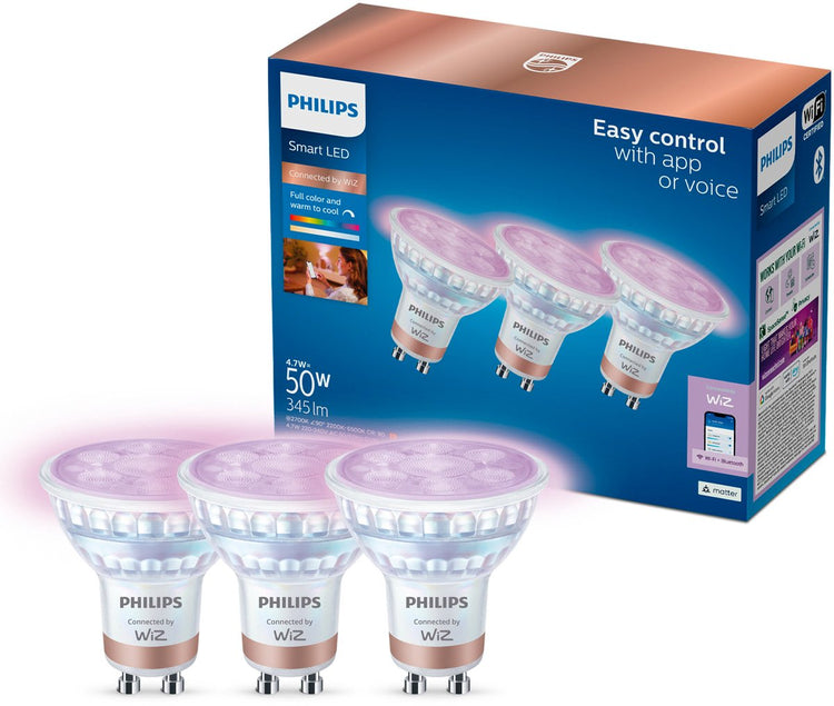 Philips smart lighting philips smart led spot 3-pack - slimme led verlichting - gekleurd en wit licht - gu10 - 50w - wi-fi