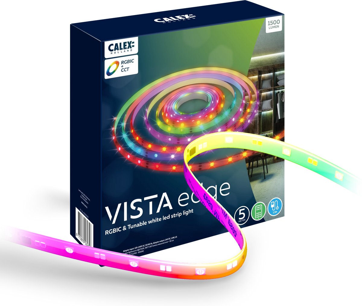 Calex vista led strip 5 meter - voor binnen - rgbic - warm wit licht - inclusief afstandsbediening