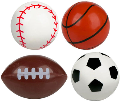 Eddy toys stuiterbal sport assortiment - kleine stuiterballen met sportdesign - speelgoed bal stuiterend - honkbal, basketbal, rugbybal, voetbal kinderen - set van 4