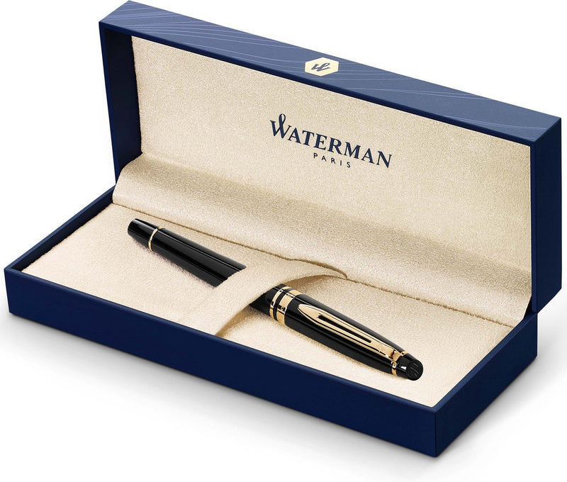 Waterman expert-vulpen | glanzend zwart met 23k gouden afwerking | fijne penpunt | geschenkverpakking