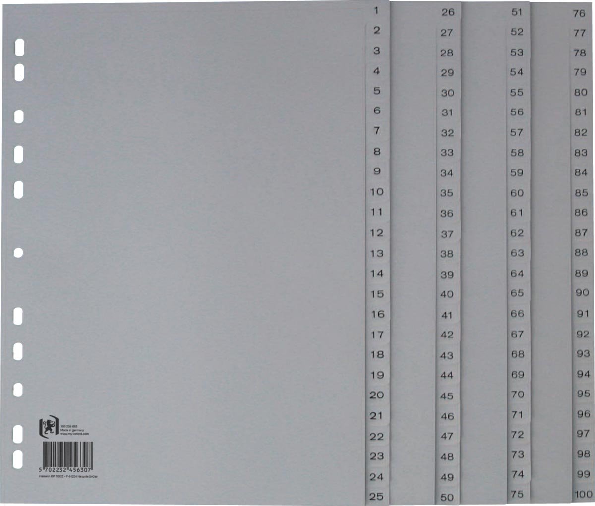 Oxford tabbladen, a4, uit pp, 11-gaatsperforatie, 100 genummerde tabs, grijs