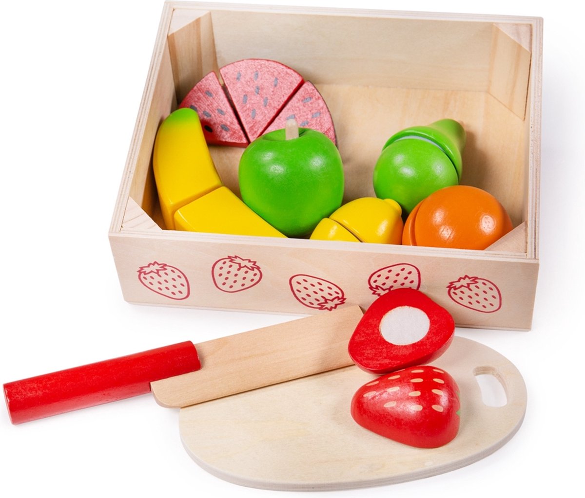 Bigjigs toys houten kistje met fruit en klittenband - mer mes en plank - bigjigs - 18-delig