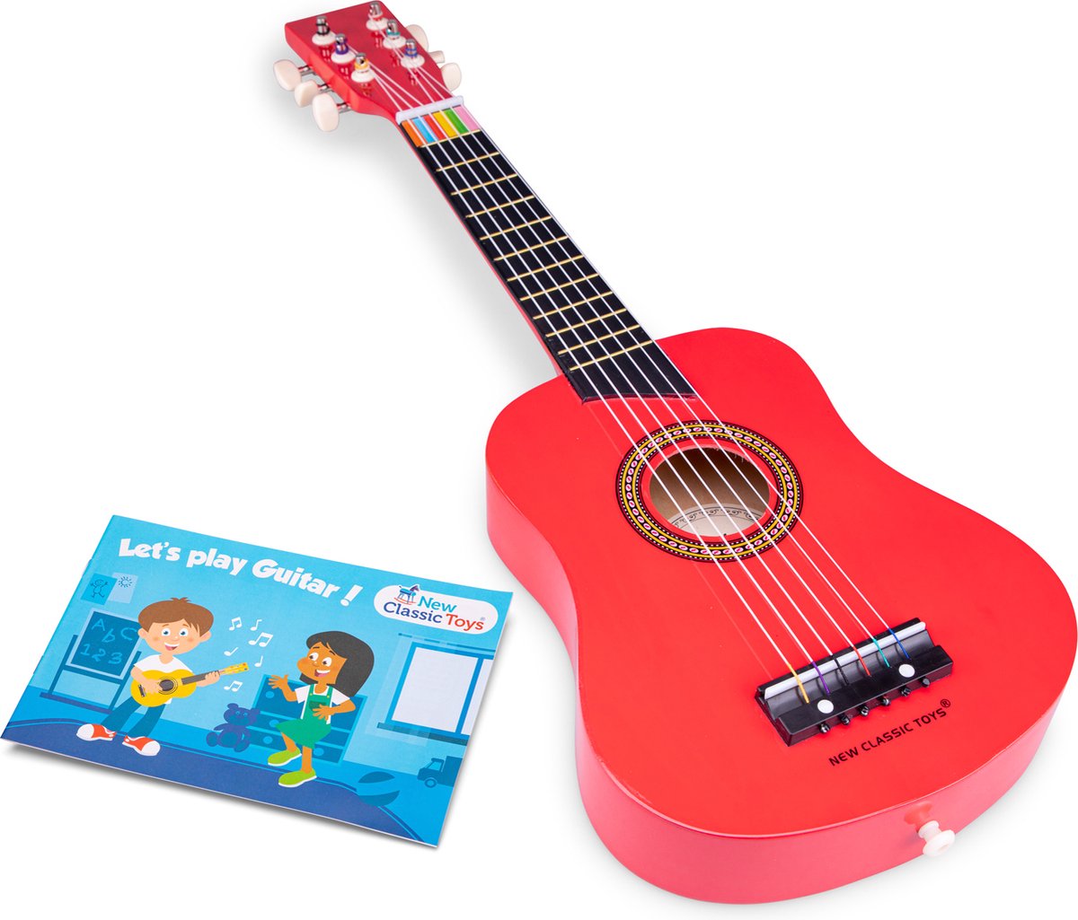 New classic toys ® houten speelgoedgitaar met draagriem - rood - speelgoedinstrument - mijn eerste gitaar inclusief muziekboekje - speelgitaar voor kinderen - vanaf 3 jaar