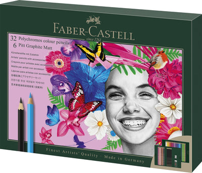 Faber-castell tekenset - polychromos en pitt grafiet mat - 40-delig - fc-210053