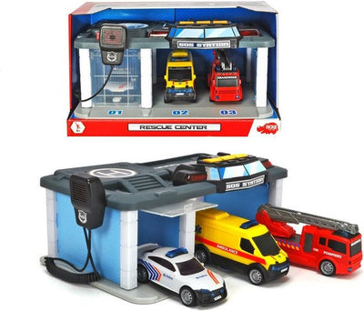 Dickie toys sos - rescue center belgische reddingsdiensten - politie - brandweer - ambulance - vanaf 3 jaar - speelgoedgarage