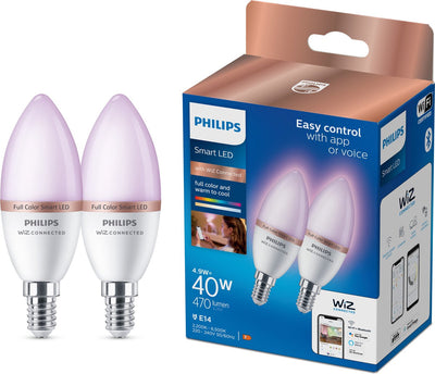 Philips smart lighting philips smart led kaarslamp 2-pack - slimme led-verlichting - gekleurd en wit licht - e14 - 40w - mat - wi-fi