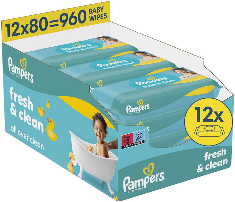 Pampers fresh clean - billendoekjes - schoon van top tot teen - 12 verpakkingen van 80 doekjes = 960 babydoekjes