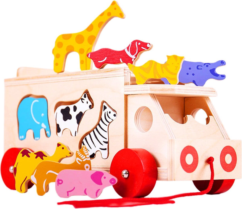 Dierenverzameling bigjigs houten vormendoos vrachtwagen, 11dlg.