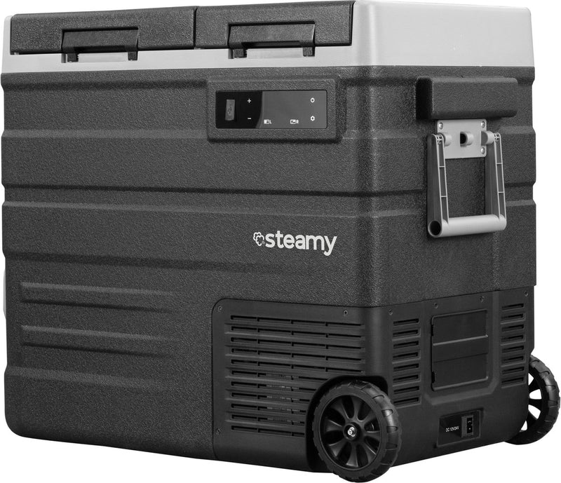 Steamy -e dual zone roller elektrische compressor koelbox op wielen - dual zone - 57 liter - 12v en 230v - voor auto en camping - zwart