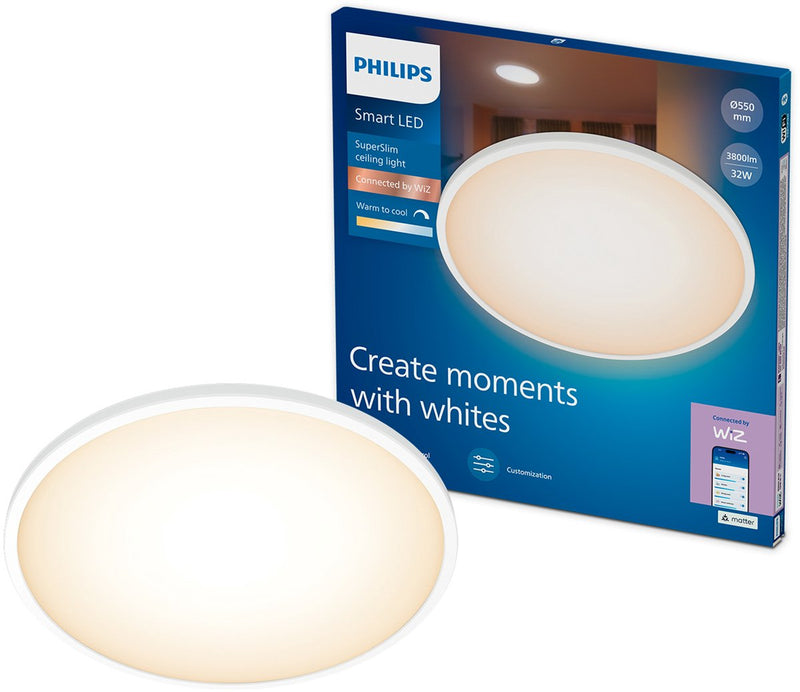 Philips lighting philips smart lighting - superslim plafondlamp - warm- tot koelwit licht - dimbaar - diameter: 55cm - wit - 32w - rond - werkt met de wiz app - wifi