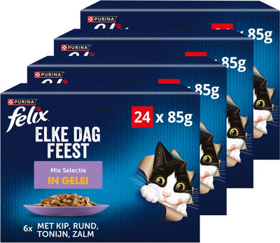 Felix elke dag feest mix selectie in gelei - kattenvoer natvoer - kip rund tonijn zalm - 96 x 85 g