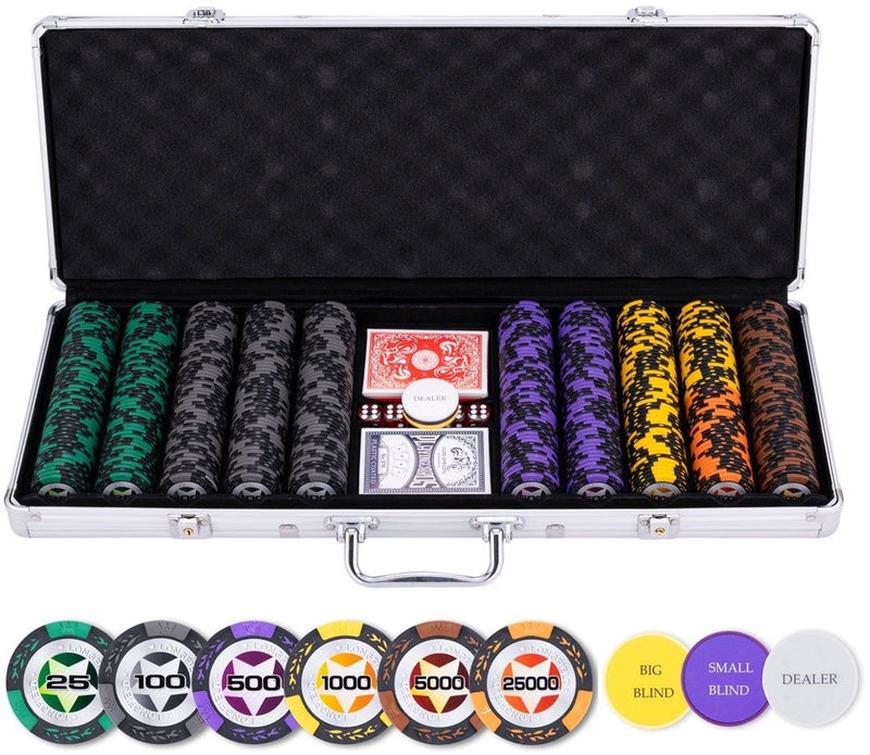 Longfield pokerset 500 chips 14 gram - chips met waarde (high stake) - speelkaarten, dealer button dobbelstenen - engelhart