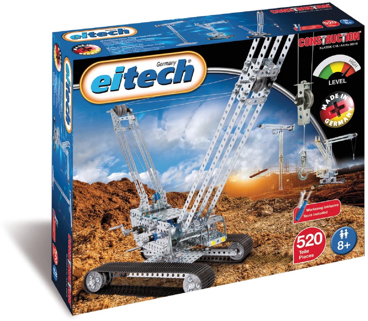 Eitech ® bouwdoos – rupskraan en bouwkraan – 520-delig – metalen bouwpakket met gereedschap – constructiespeelgoed – vanaf 8 jaar