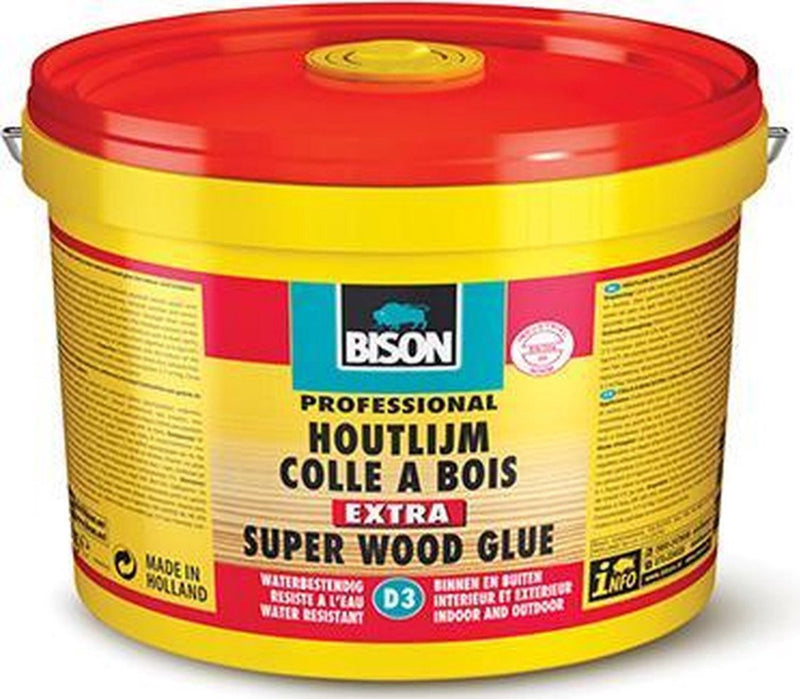 Bison houtlijm extra emmer 5 kg, hoogwaardige houtlijm, voor binnen en buiten, droog tranpsarant op, sterker dan hout, oplossmiddelvrij, d3, sterker dan hout