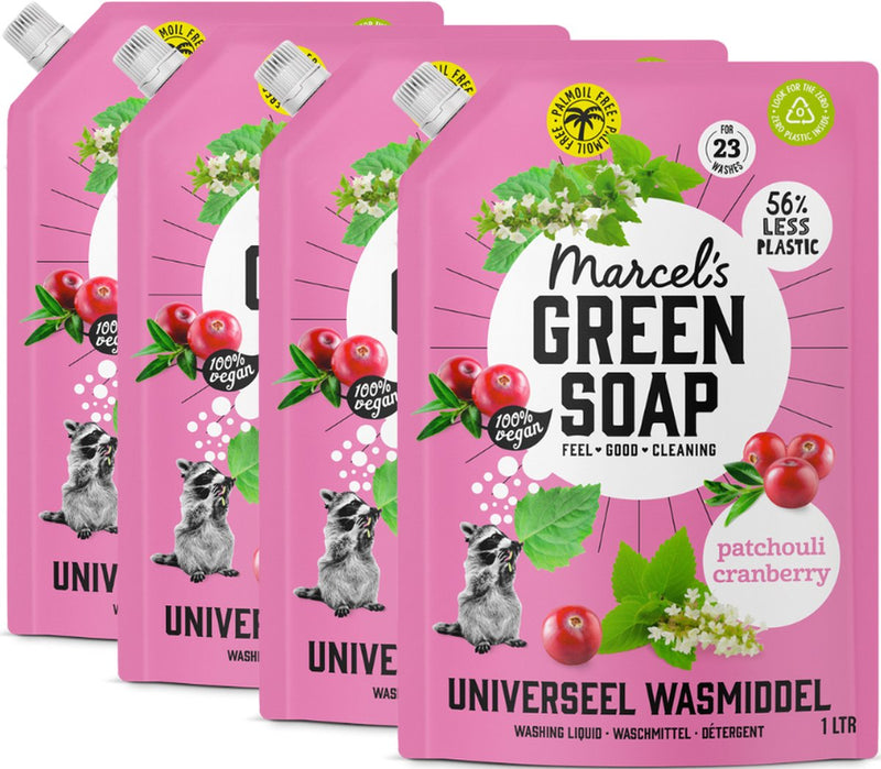 Marcel's green soap universeel wasmiddel navulling - patchouli cranberry - 4 x 1l - 92 wasbeurten
