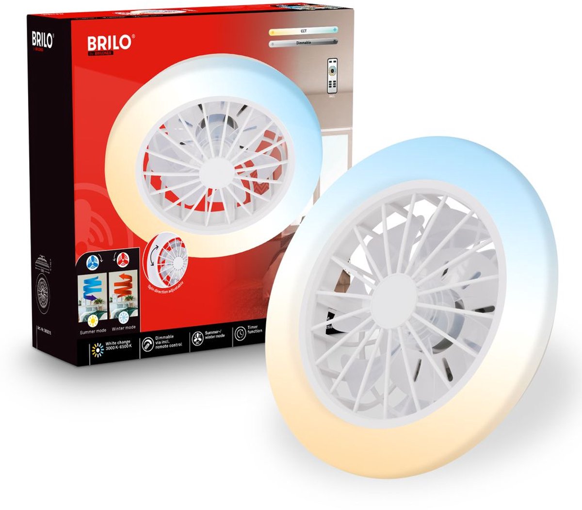 Briloner pafo - plafondventilator met verlichting - led plafondlamp met ventilator - dimbaar - 5 snelheden - ventilatorlamp zomer- en wintermodus - cct - ø38 cm - wit