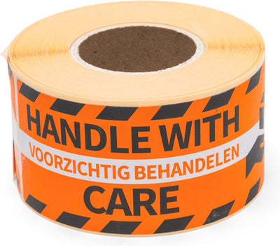 Rillprint etiket handle with care oranje