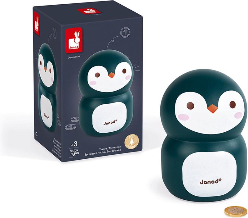 Janod spaarpot - pinguïn - houten spaarpot met luikje aan de onderkant - geschikt vanaf 3 jaar