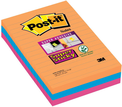Post-it ® super sticky notes, kleurenset bangkok , neon oranje, neon roze, electric blauw, gelijnd , 101mm x 152mm, 90 blaadjes, 3 blokken