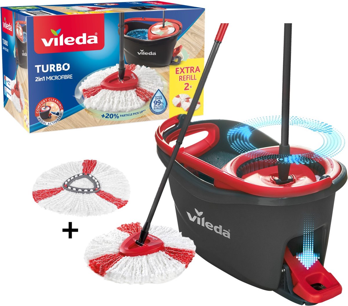 Vileda turbo mopset + 2 vervangende koppen - pedaalsysteem met 2 vervangingen - microvezelmop 2in1