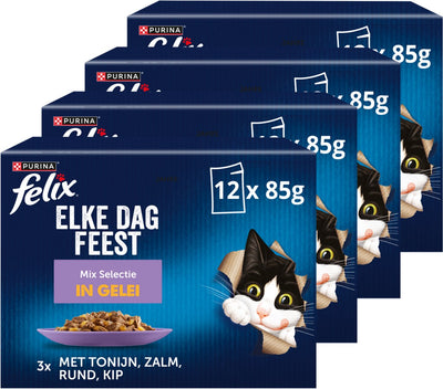 Felix elke dag feest in gelei mix selectie - kattenvoer natvoer - tonijn zalm rund kip - 48 x 85 g