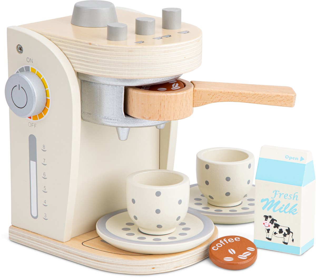 Woet ® houten koffiemachine speelgoed - inclusief koffiepad, kopjes, schoteltjes, melk en suiker - koffiezetapparaat voor kinderen - rollenspel keukenspeelgoed - vanaf 3 jaar