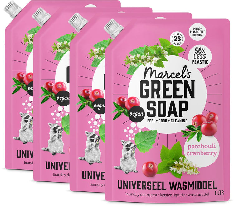 Marcel's green soap universeel wasmiddel navulling - patchouli cranberry - 4 x 1l - 92 wasbeurten