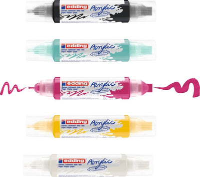 Edding 5400 acrylstiften 3d double liner - zwart, wit, geel, pink, turquoise - set van 5 tubes acrylverf (basis) - dubbele punt 2-3, 5-10 mm - acrylverf voor canvas, hout - verf in schilderskwaliteit