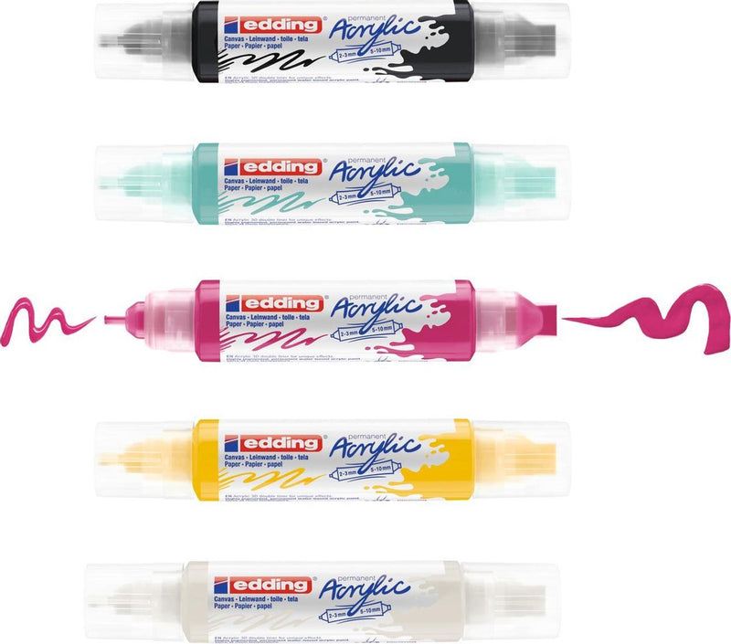 Edding 5400 acrylstiften 3d double liner - zwart, wit, geel, pink, turquoise - set van 5 tubes acrylverf (basis) - dubbele punt 2-3, 5-10 mm - acrylverf voor canvas, hout - verf in schilderskwaliteit
