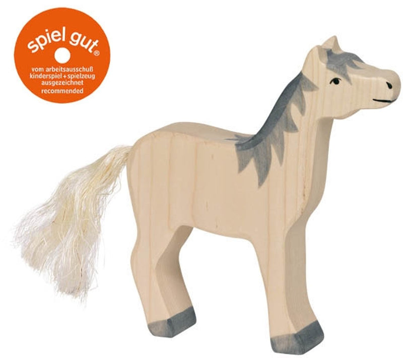 Holztiger paard, hoofd omhoog, grijze m
