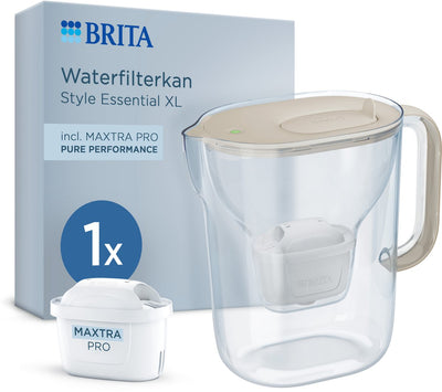 Brita waterfilterkan style essential xl - 3,6l - sand - incl. 1x maxtra pro pure performance - grote filterkan met smart light led klapdeksel, filtert verontreinigingen meer