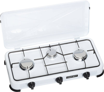 Campart camping kookstel ko-6383 - campingkooktoestellen 3 pitten – gas kooktoestel met rvs brander - wit
