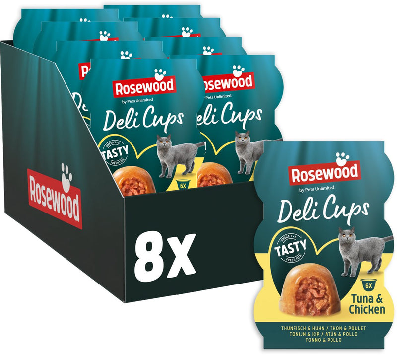 Rosewood deli cups tonijn kip - zachte kattensnack met omega 3 6 - natuurlijk zonder toegevoegd zout of suiker - 8 stuks à 6 x 22g