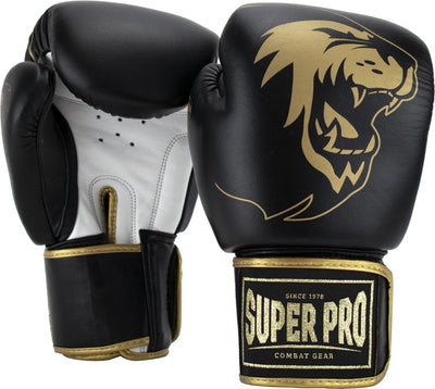 Super pro combat gear warrior se lederen (kick)bokshandschoenen zwart goud wit 10oz