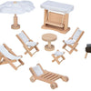 Goki poppenhuismeubeltjes: tuinmeubelen, 9-delig, schommel h10,5cm, hout en tekstiel, 3+