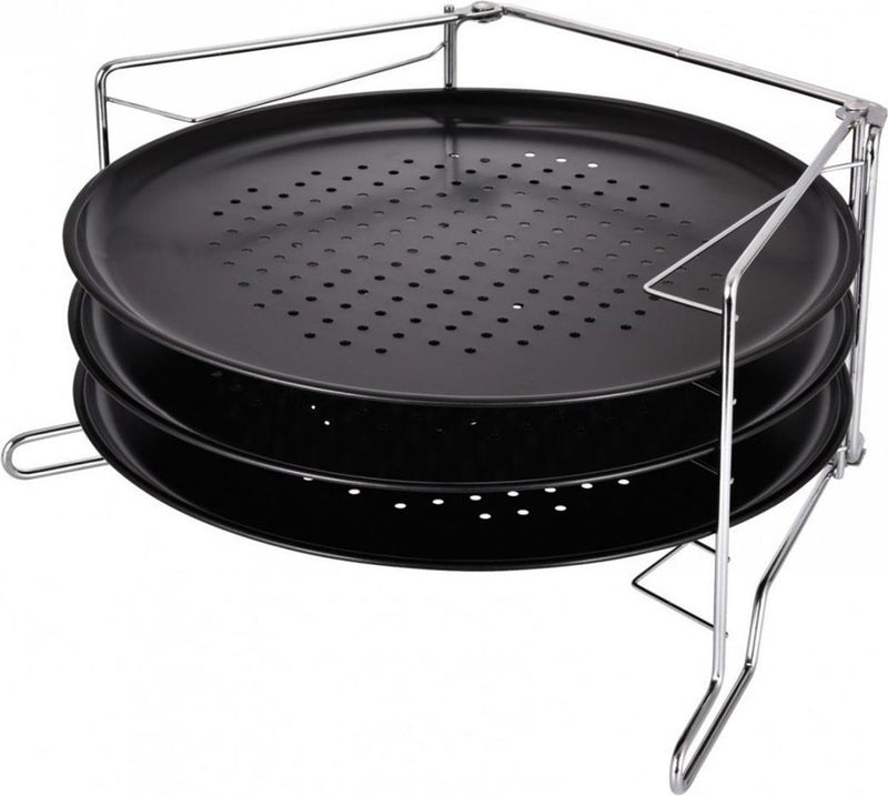 Kinghoff - pizza tray set - 4-delig pizzaplaat en houder set - antiaanbak pizzatrays met standaard - pizza accessoires keuken - ø32.3cm - staal