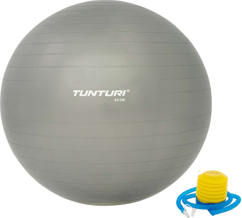 Tunturi anti burst fitness bal met pomp - yoga bal 65 cm - pilates bal - zwangerschapsbal – 220 kg gebruikersgewicht - incl trainingsapp – zilver