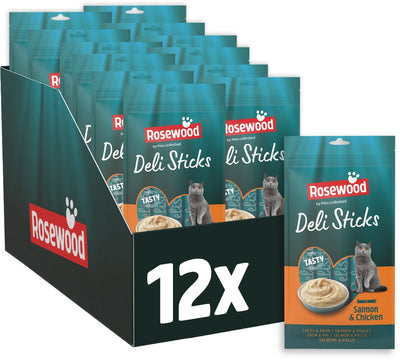 Rosewood deli sticks zalm en kip - mousse kattensnack - met vitamines en mineralen - 12 x 5 sticks à 15 g