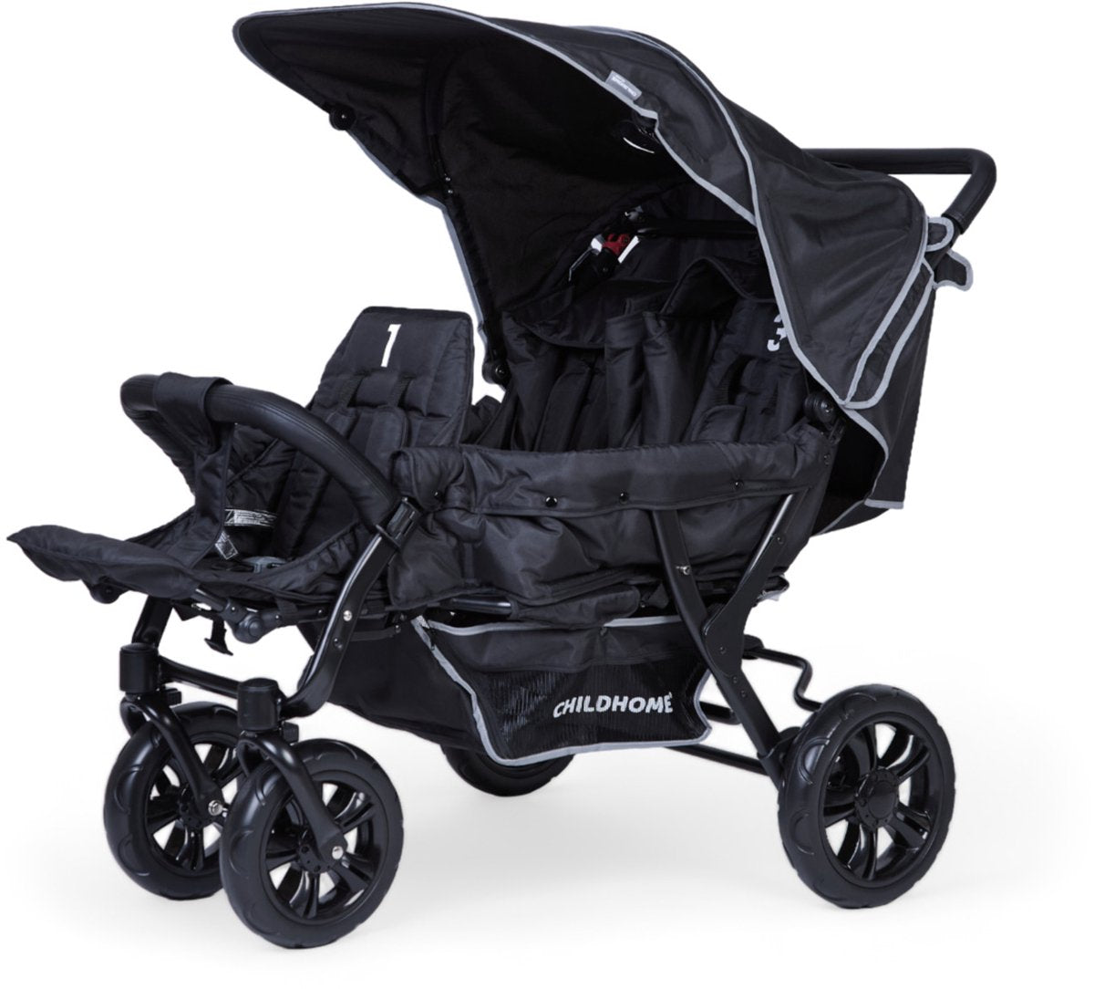 Childhome triplet kinderwagen – 3 zitplaatsen – zwart – inclusief regenhoes zonnekappen – 132x85x104 cm