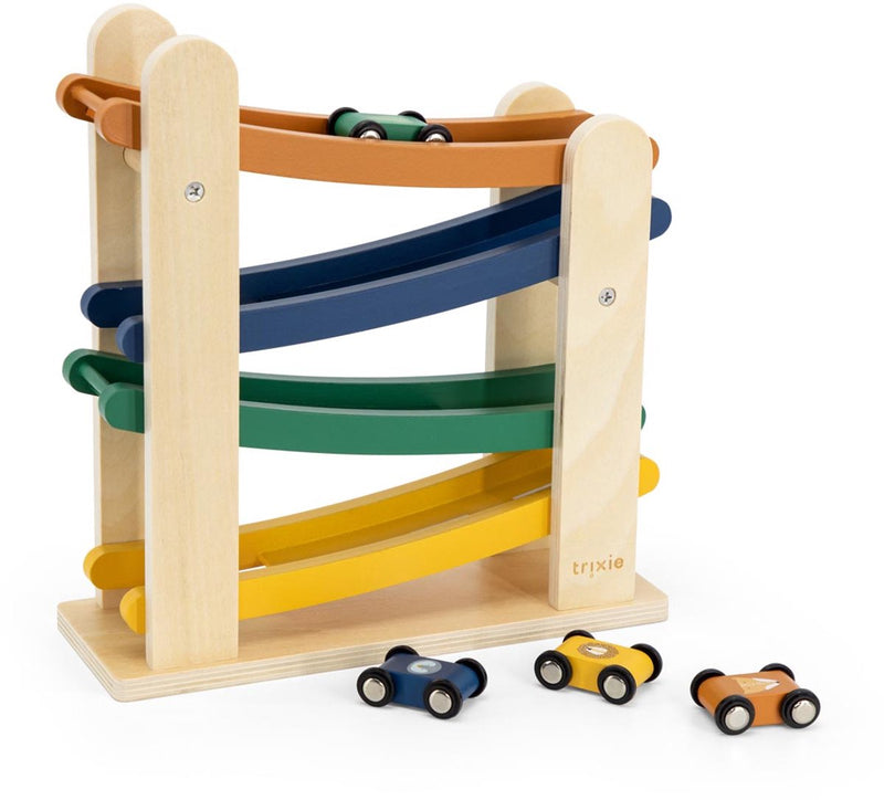 Trixie houten racebaan met 4 auto's - rollerbaan met dierenauto's - peuterspeelgoed vanaf 18m+ - leuk voor jongens en meisjes
