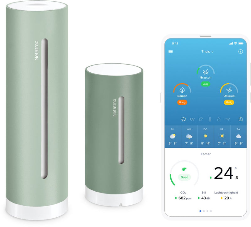 Netatmo slim weerstation original – 2e generatie – co2 geluidsmeter – temperatuur, luchtkwaliteit, uv pollen – binnen buiten – werkt met apple home, alexa, google