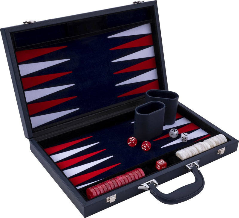 Longfield backgammon 15 inch - rood wit ingelegd bord - luxe kunstlederen koffer - inclusief stenen, dobbelstenen werpbeker - engelhart