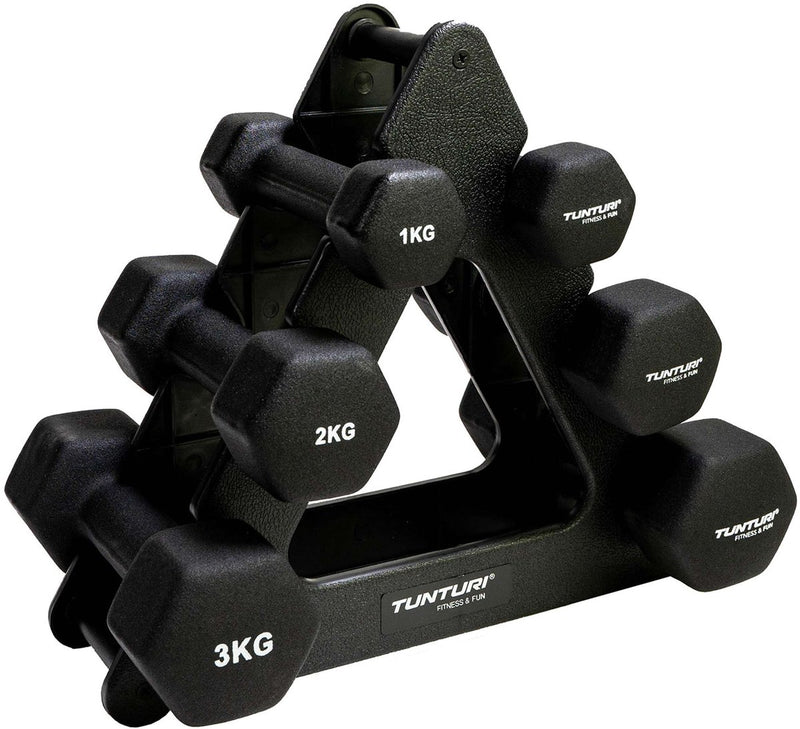 Tunturi gewichten - halterset - dumbbell set - neopreen dummbbells - 1 t m 3kg - 3 paar - incl. gratis fitness app