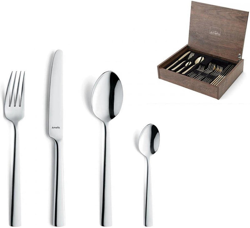 Amefa moderno - bestekset met houten kist - 24 delig voor 6 personen - zilver - rvs - vaatwasmachinebestendig