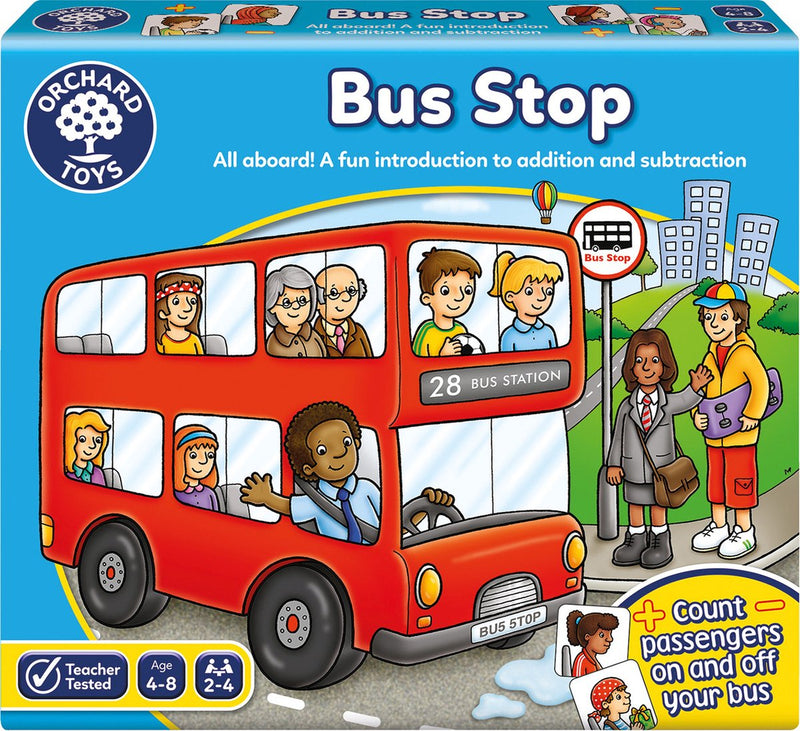 Orchard toys - bus stop - rekenspel met bus - laat passagiers in- en uitstappen - optel- en aftreksommen - vanaf 4 jaar