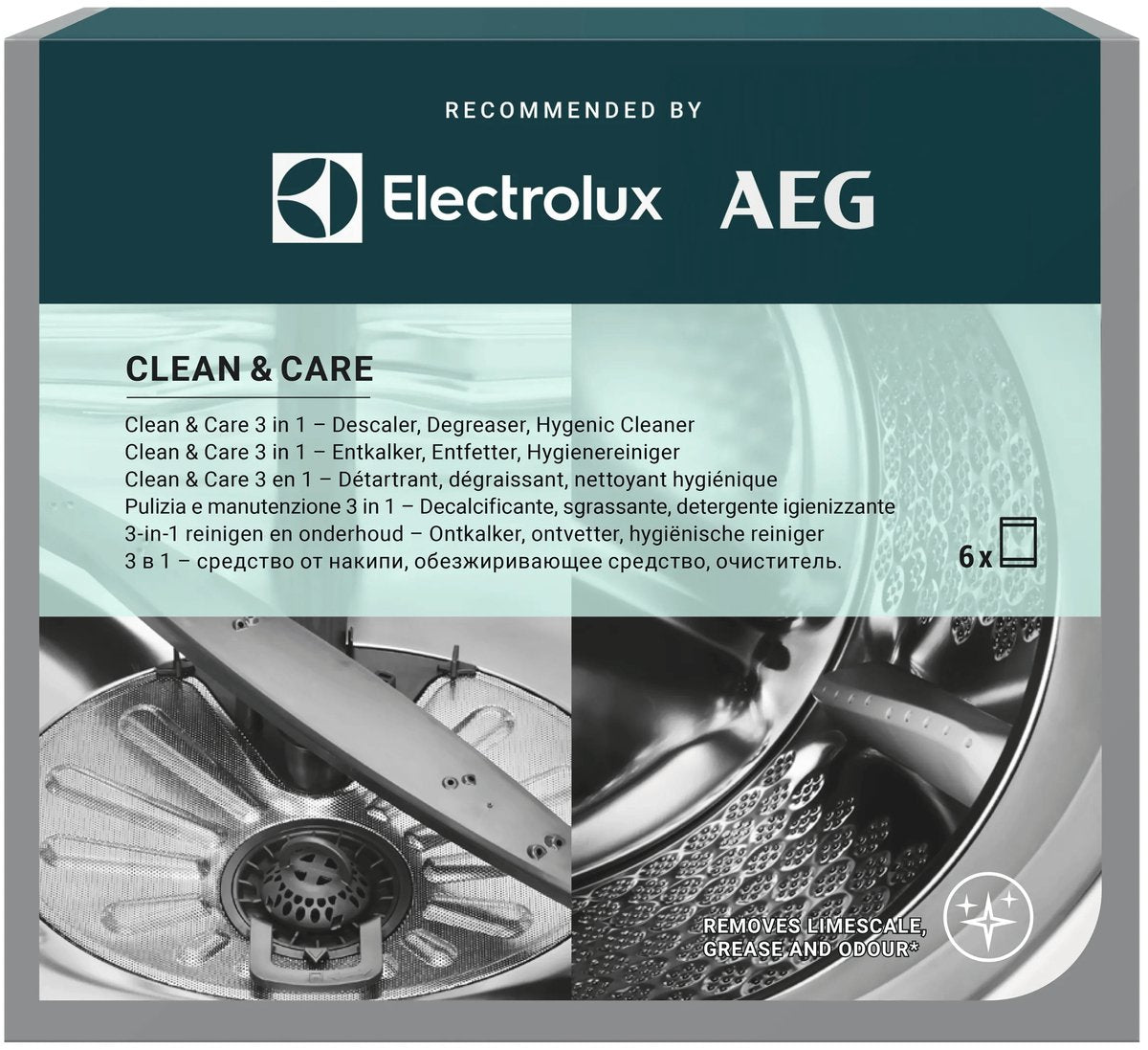 Aeg electrolux m2gcp601 clean and care - 3 in 1 reiniger - reinigen en onderhoud - ontkalker, ontvetter en reiniger - geschikt voor wasmachines vaatwassers - 6 zakjes goed voor een half jaar