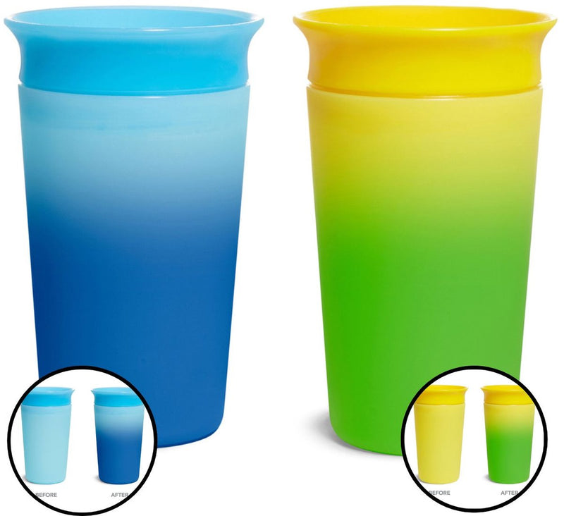 Munchkin miracle anti-lek 360° drinkbeker - 2pk sippy cup - veranderd van kleur - warmtegevoelig - oefenbeker voor baby en kind - 266ml - 2 stuks - blauw geel