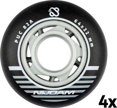 Nijdam inline skate wielen set - 64x24 mm - 4st - black - zwart zilver wit